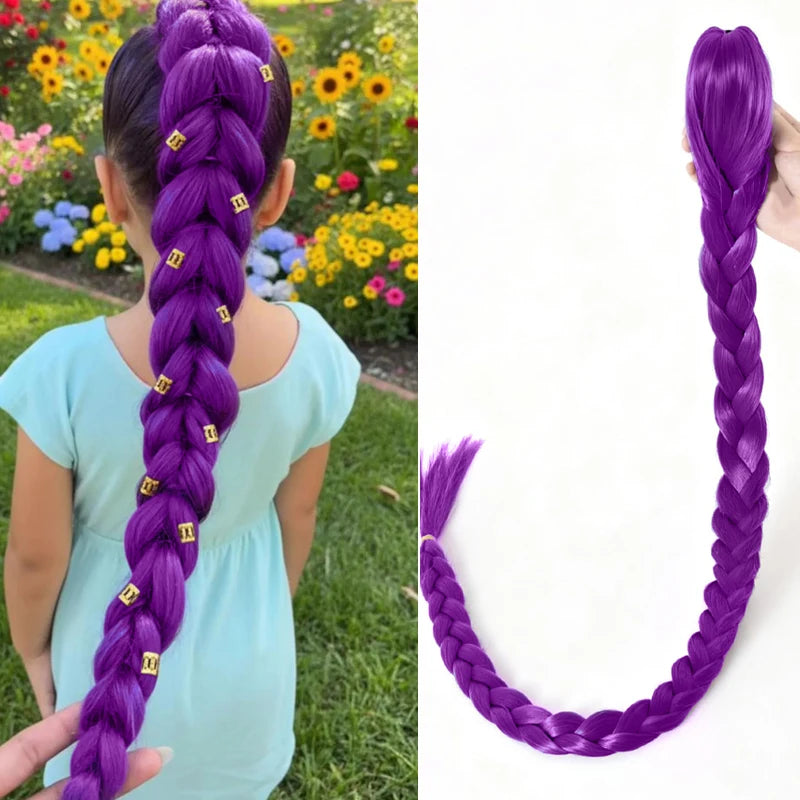 28inch Long Braided Purple Hair Ponytail Extensions Rumi Hairstyle Claw Clip Hair Wig for Kids Costume for Chritmas Theme Party
