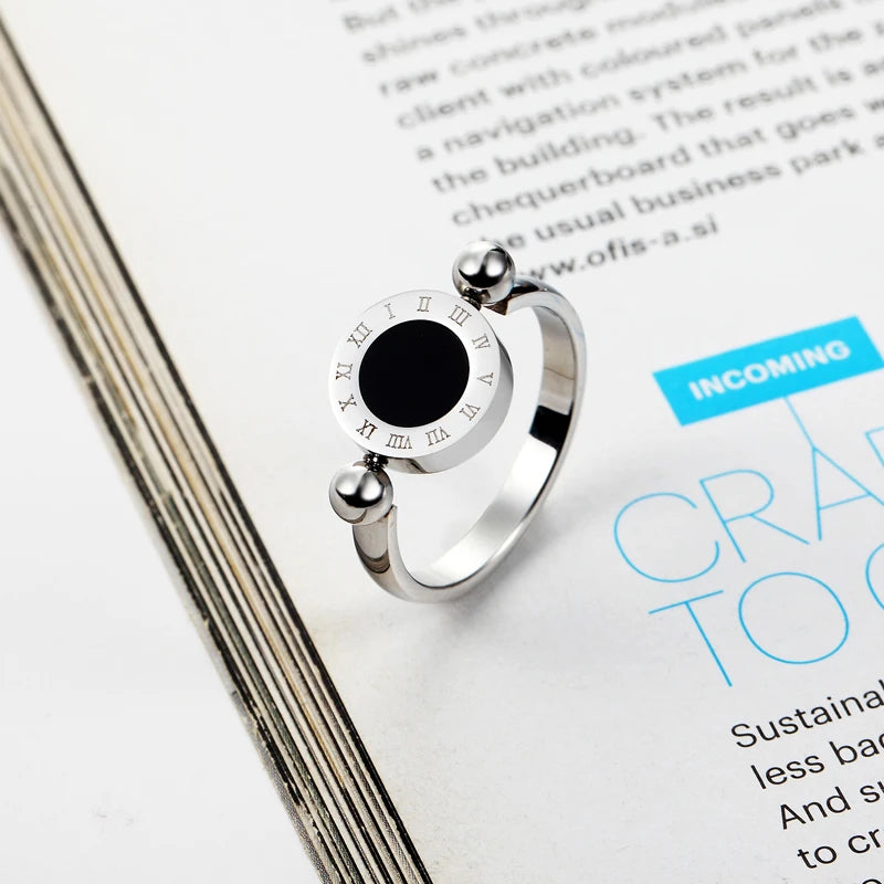 Classic Design Can Be Rotated Enamel And Shell Roman Numeral Beautiful Woman Ring Stainless Steel Brand Ring Jewelry For Women--ANDROMEDA QUINNS | AURELLE'S-ANDROMEDA QUINNS | AURELLE'S