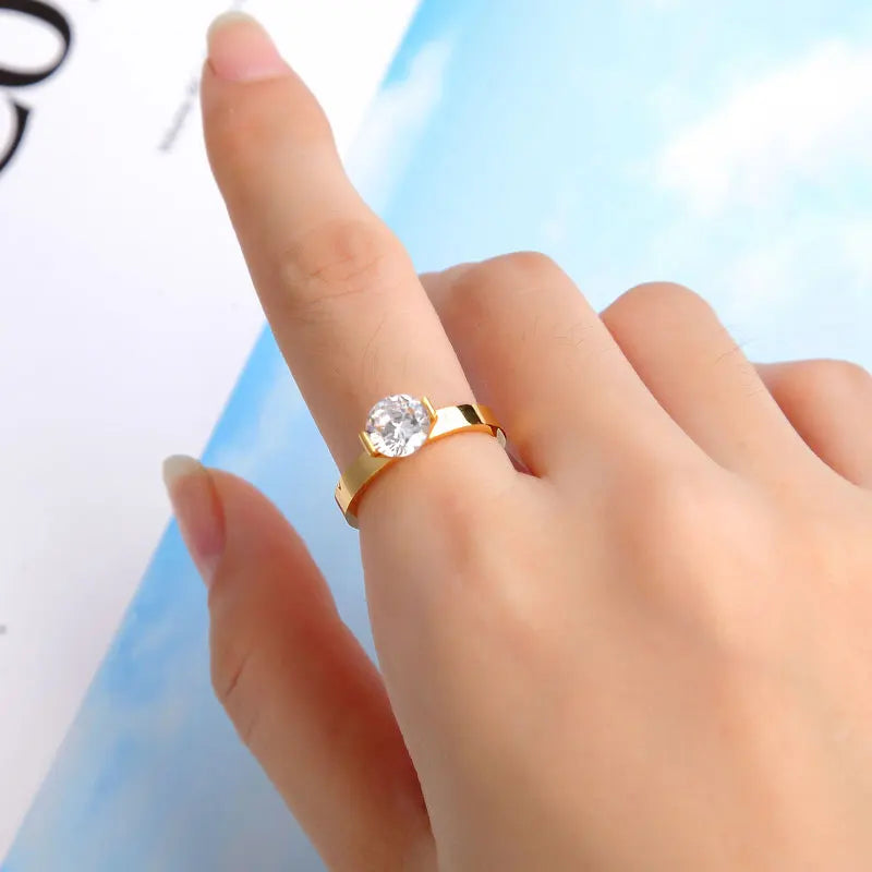 Hot 1 Carat Shiny Crystal Ring For Wedding Titanium Steel Top Quality Gold Color Jewelry Love Gift Woman Ring Wholesale--ANDROMEDA QUINNS | AURELLE'S-ANDROMEDA QUINNS | AURELLE'S