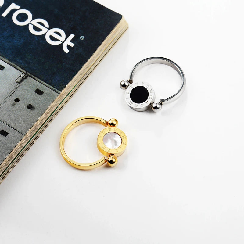 Classic Design Can Be Rotated Enamel And Shell Roman Numeral Beautiful Woman Ring Stainless Steel Brand Ring Jewelry For Women--ANDROMEDA QUINNS | AURELLE'S-ANDROMEDA QUINNS | AURELLE'S