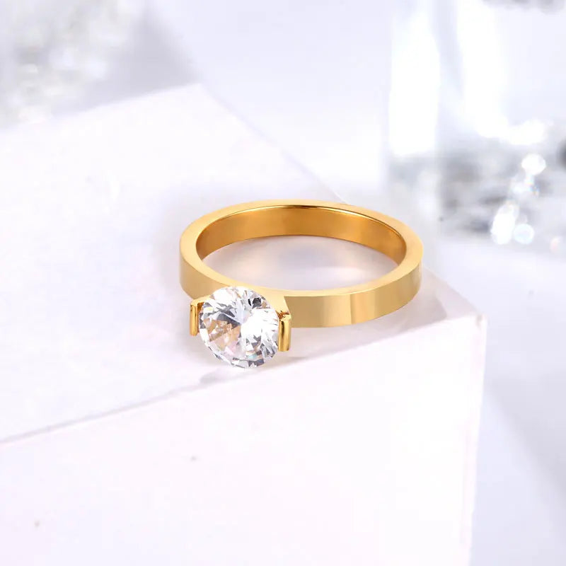 Hot 1 Carat Shiny Crystal Ring For Wedding Titanium Steel Top Quality Gold Color Jewelry Love Gift Woman Ring Wholesale--ANDROMEDA QUINNS | AURELLE'S-ANDROMEDA QUINNS | AURELLE'S