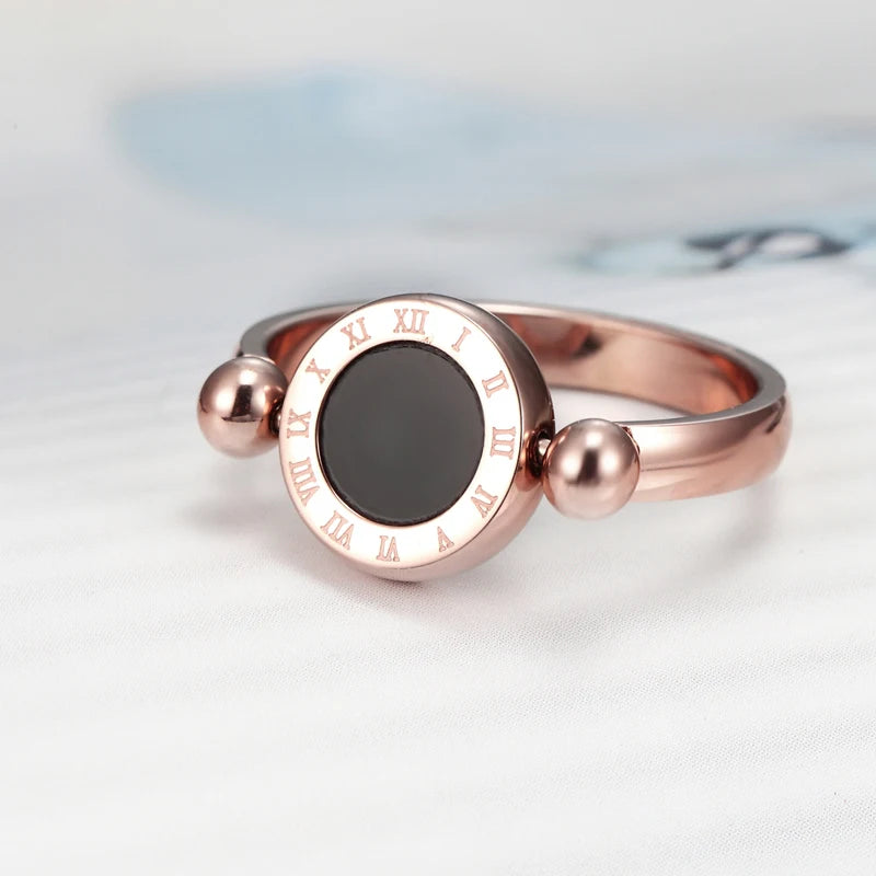 Classic Design Can Be Rotated Enamel And Shell Roman Numeral Beautiful Woman Ring Stainless Steel Brand Ring Jewelry For Women--ANDROMEDA QUINNS | AURELLE'S-ANDROMEDA QUINNS | AURELLE'S