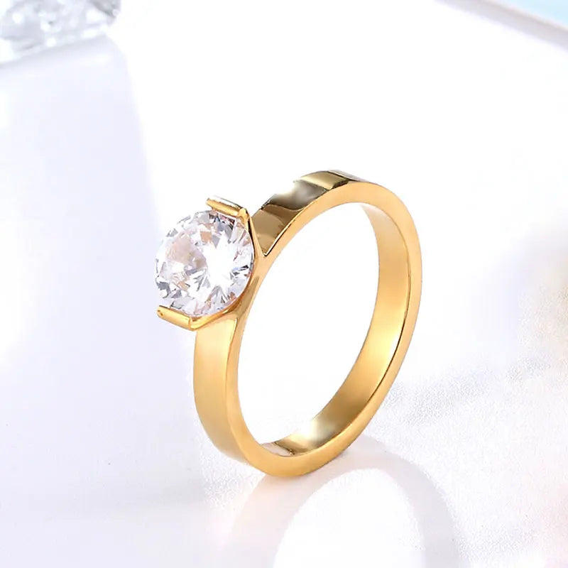 Hot 1 Carat Shiny Crystal Ring For Wedding Titanium Steel Top Quality Gold Color Jewelry Love Gift Woman Ring Wholesale--ANDROMEDA QUINNS | AURELLE'S-ANDROMEDA QUINNS | AURELLE'S