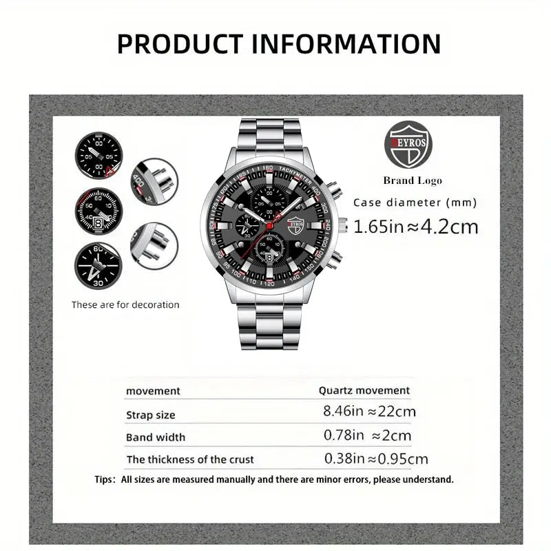 3PCS DEYROS Fashion Mens Calendar Watches Luxury Male Stainless Steel Quartz Wristwatch Men Bracelet Necklace Wrist Watch--ANDROMEDA QUINNS | AURELLE'S-ANDROMEDA QUINNS | AURELLE'S