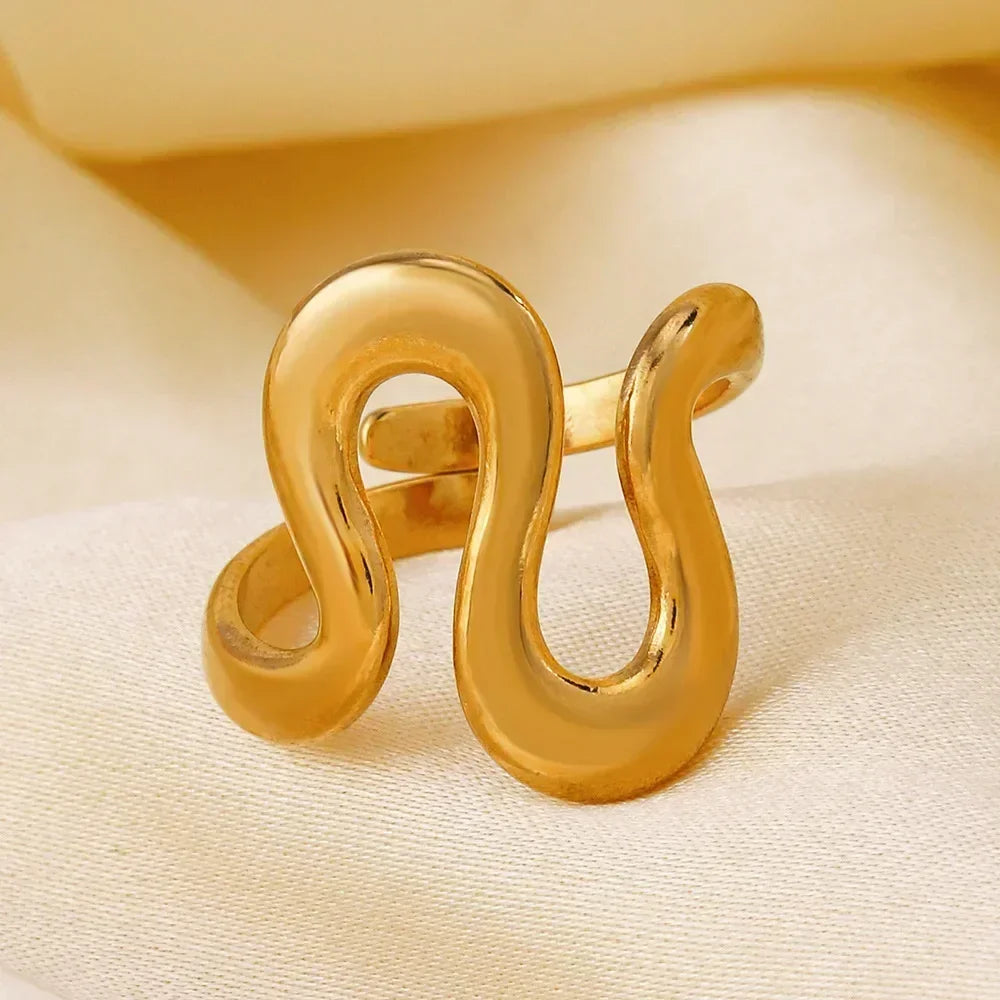 Stainless Steel Irregular Wave Rings for Women Men Creative Gold Color Adjustable Opening Ring Female Statement Jewelry Gifts--ANDROMEDA QUINNS | AURELLE'S-ANDROMEDA QUINNS | AURELLE'S