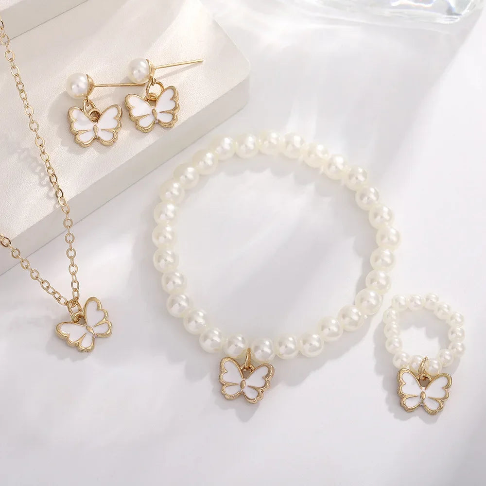 4pcs/Set Sweet Jewelry Set Butterfly Pendant Imitation Pearl Necklace for Women Pearl Earrings Girl Jewellery Women Gift--ANDROMEDA QUINNS | AURELLE'S-ANDROMEDA QUINNS | AURELLE'S