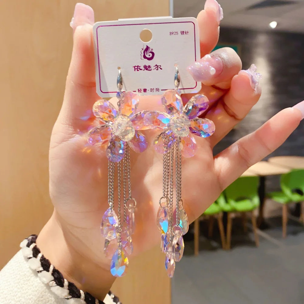 2025 New Colorful Purple Crystal Flower Dangle Drop Earrings for Women Trend Korea Fashion Luxury Wedding Party Banquet Jewelry--ANDROMEDA QUINNS | AURELLE'S-ANDROMEDA QUINNS | AURELLE'S