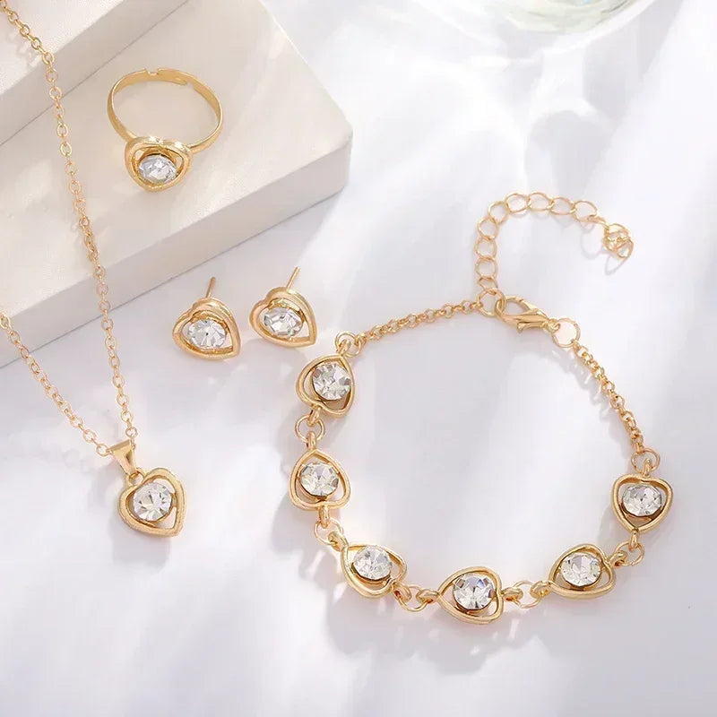 5PCS Set Gold-Color Heart Shaped Jewelry Sets Of Ring Earrings Necklace For Women Elegance Rhinestone Double Heart Jewelry--ANDROMEDA QUINNS | AURELLE'S-ANDROMEDA QUINNS | AURELLE'S