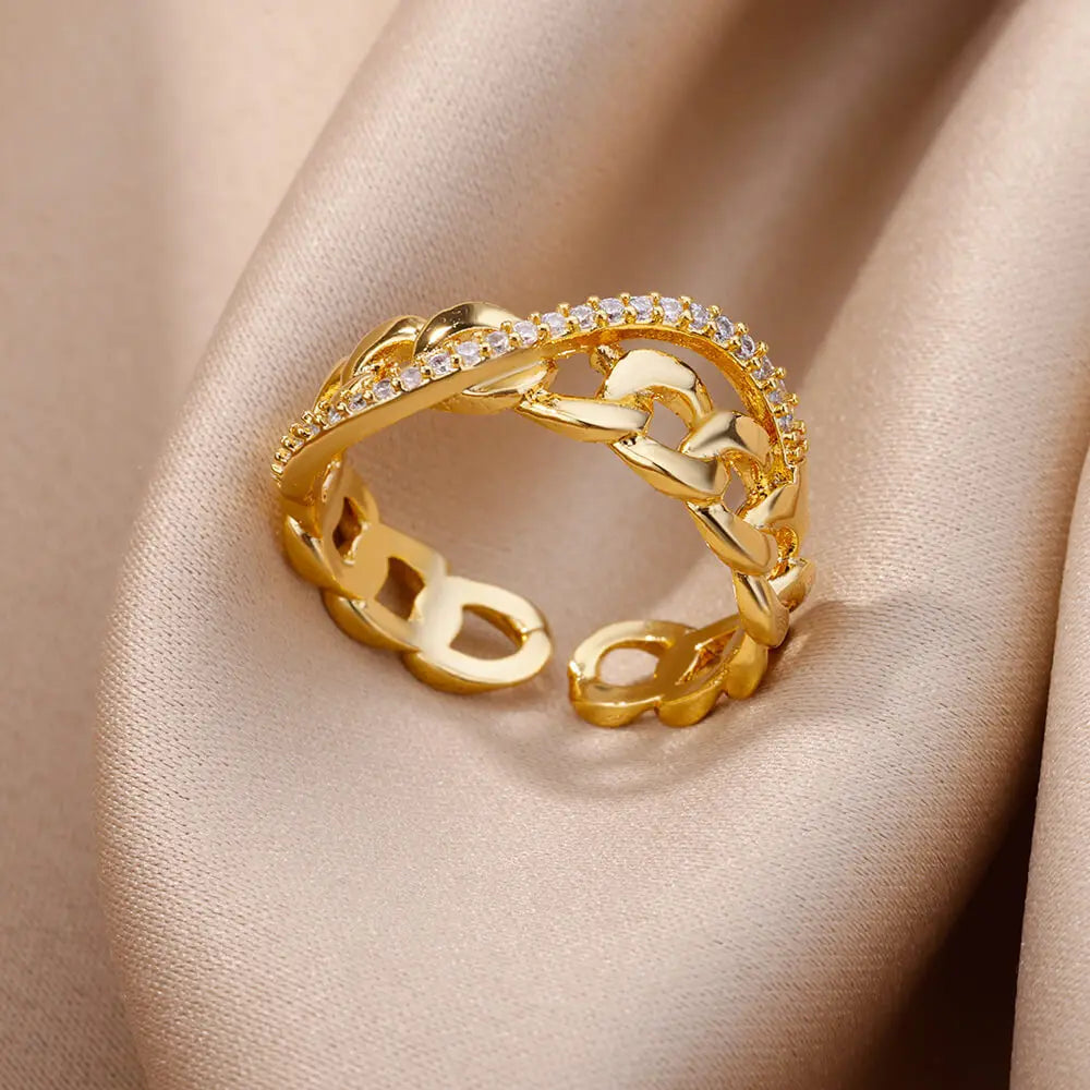 Gold Plated Stainless Steel Crystal Rings For Women Chain Geometry Zircon Finger Ring Jewelry Gift anillos mujer 2025 New Trendy--ANDROMEDA QUINNS | AURELLE'S-ANDROMEDA QUINNS | AURELLE'S