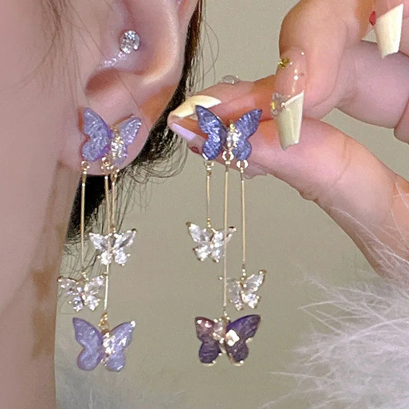 925 Silver Needle Blue Purple Butterfly Long Tassel Earrings For Women Jewelry 2025 Trending New Korean Crystal Drop Earrings--ANDROMEDA QUINNS | AURELLE'S-ANDROMEDA QUINNS | AURELLE'S