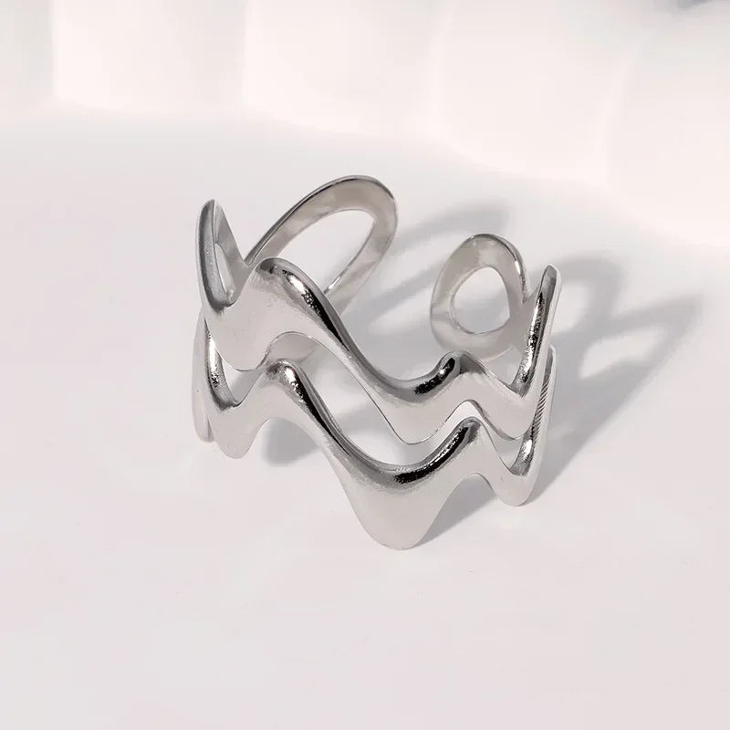 Stainless Steel Irregular Wave Rings for Women Men Creative Gold Color Adjustable Opening Ring Female Statement Jewelry Gifts--ANDROMEDA QUINNS | AURELLE'S-ANDROMEDA QUINNS | AURELLE'S