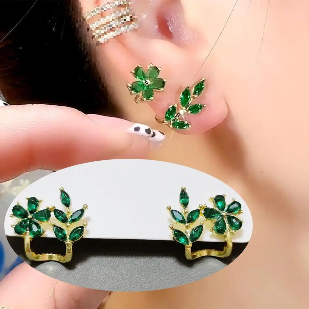 925 Silver Needle Green Flower Earrings For Women Korean Fashion Jewelry 2025 Trending Luxury Zircon Leaf Women's Stud Earrings--ANDROMEDA QUINNS | AURELLE'S-ANDROMEDA QUINNS | AURELLE'S