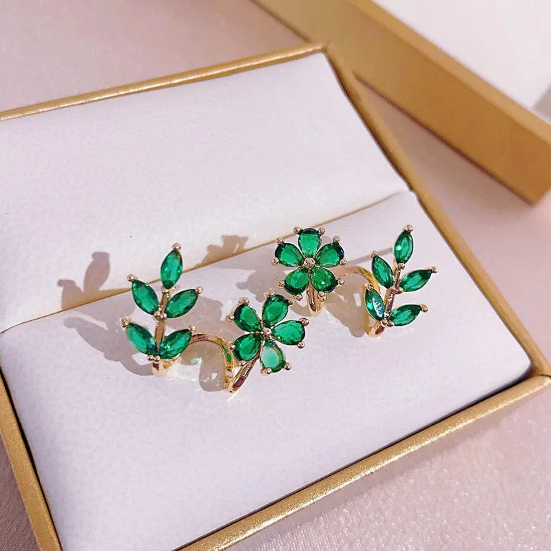 925 Silver Needle Green Flower Earrings For Women Korean Fashion Jewelry 2025 Trending Luxury Zircon Leaf Women's Stud Earrings--ANDROMEDA QUINNS | AURELLE'S-ANDROMEDA QUINNS | AURELLE'S