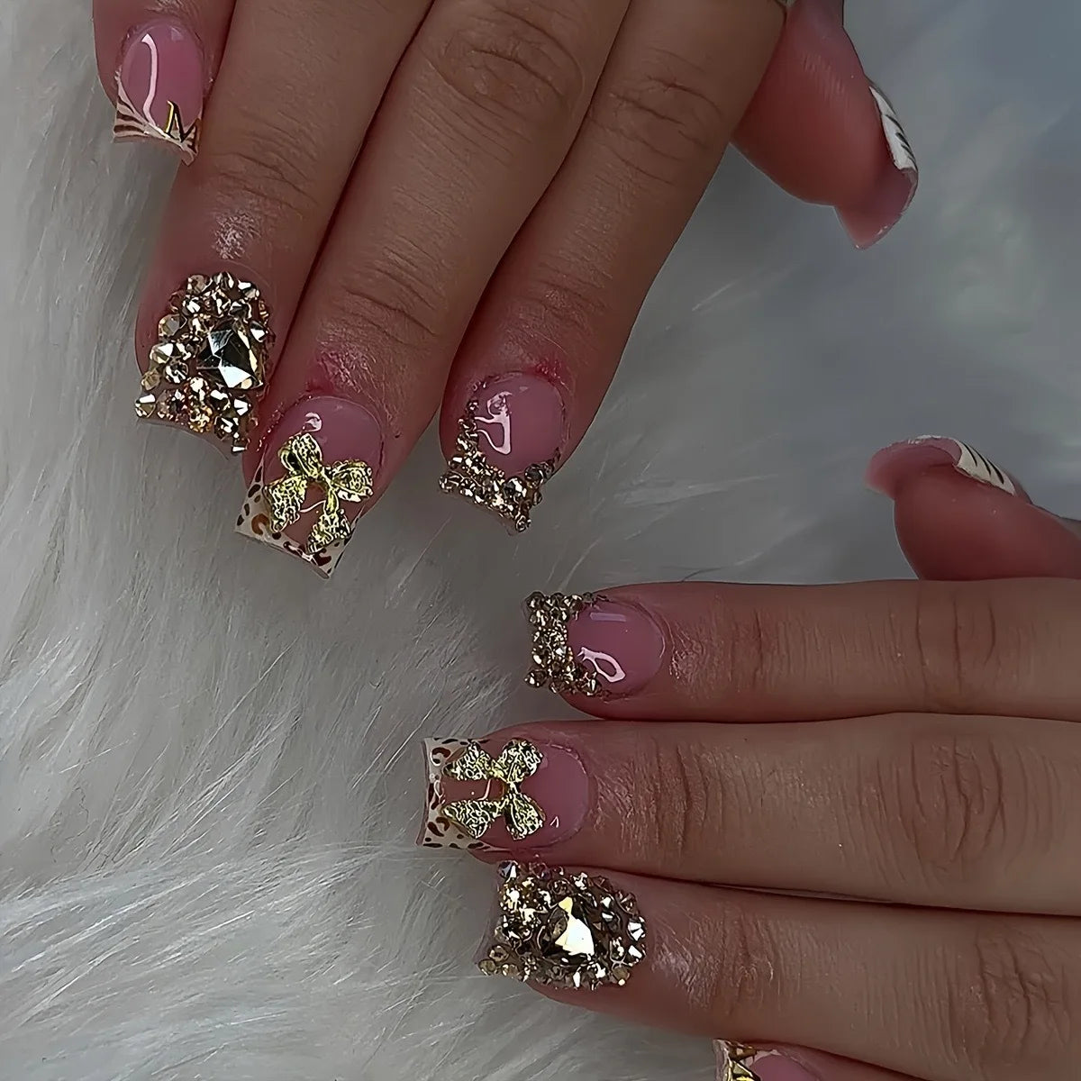 24pcs Nude Pink Sweet Fake Nails Short Duckbill Leopard Print French False Nails With 3D Bowknots Butterfly Cherry Press On Nail--ANDROMEDA QUINNS | AURELLE'S-ANDROMEDA QUINNS | AURELLE'S