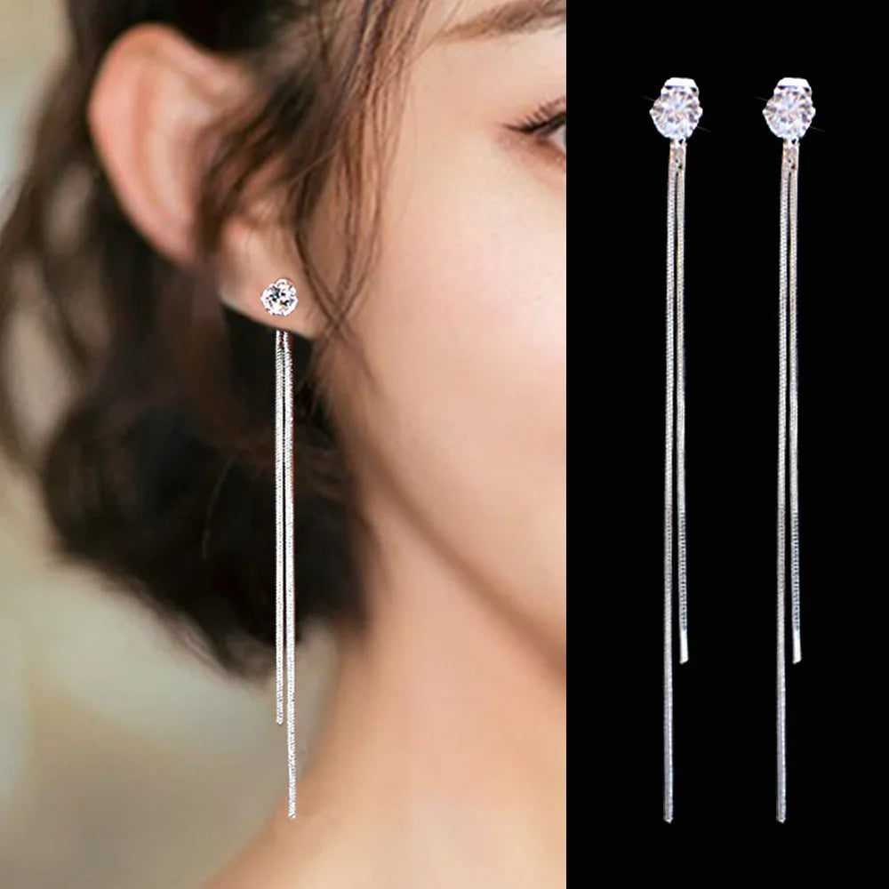 Drop Zircon Long Tassel Earrings Female Rhinestone Wedding Pendant Earrings Party Jewelry Silver Color Fashion Ear Accessories--ANDROMEDA QUINNS | AURELLE'S-ANDROMEDA QUINNS | AURELLE'S