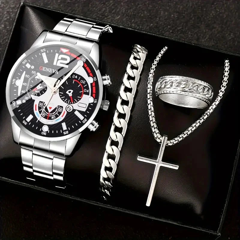 4pcs gold alloy Roman with calendar men's quartz watch and cross necklace bracelet ring set selected gift--ANDROMEDA QUINNS | AURELLE'S-ANDROMEDA QUINNS | AURELLE'S