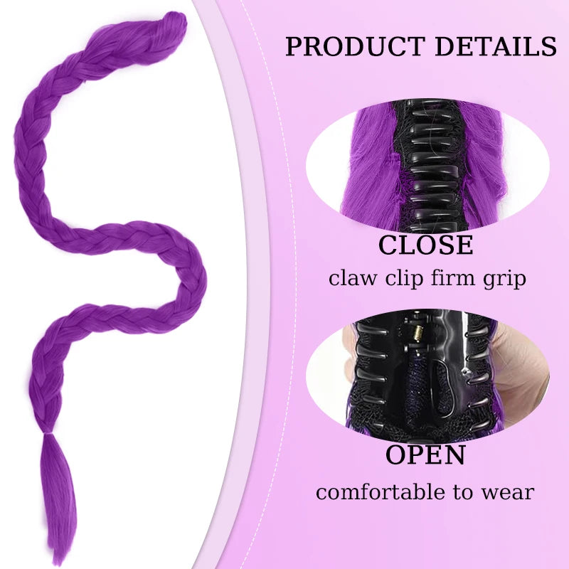 28inch Long Braided Purple Hair Ponytail Extensions Rumi Hairstyle Claw Clip Hair Wig for Kids Costume for Chritmas Theme Party