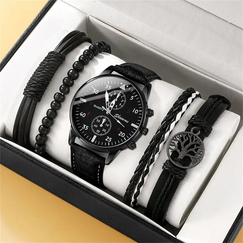 New Men Watch Luxury Bracelet Set Fashion Business Brown Leather Quartz Wrist Watches for Men Gift Set Relogio Masculino--ANDROMEDA QUINNS | AURELLE'S-ANDROMEDA QUINNS | AURELLE'S
