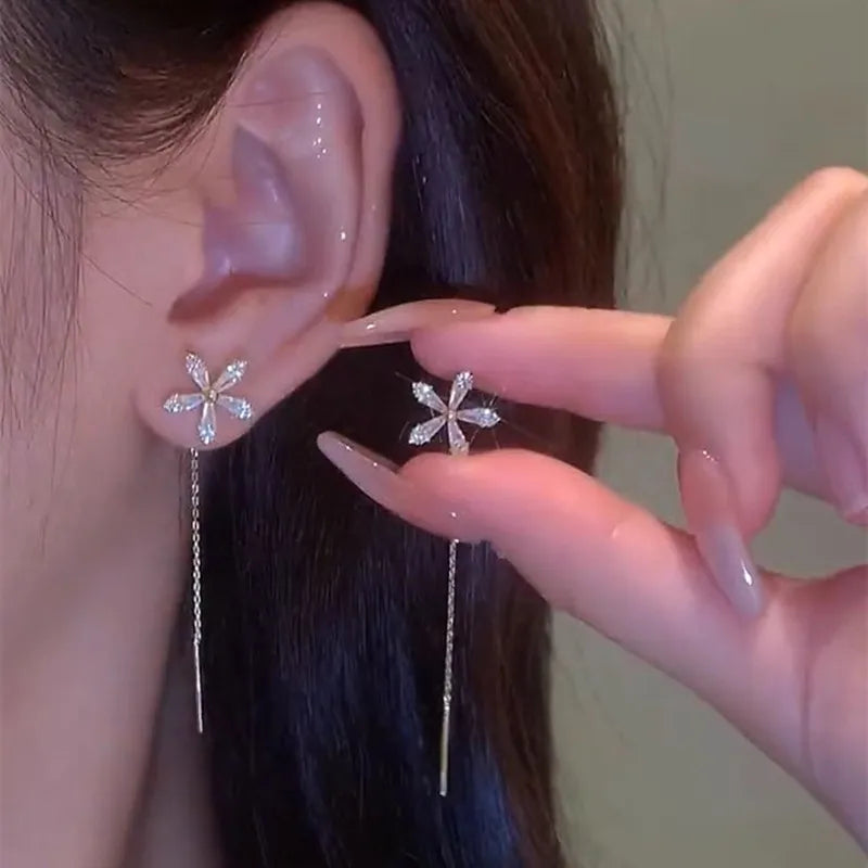 Drop Zircon Long Tassel Earrings Female Rhinestone Wedding Pendant Earrings Party Jewelry Silver Color Fashion Ear Accessories--ANDROMEDA QUINNS | AURELLE'S-ANDROMEDA QUINNS | AURELLE'S