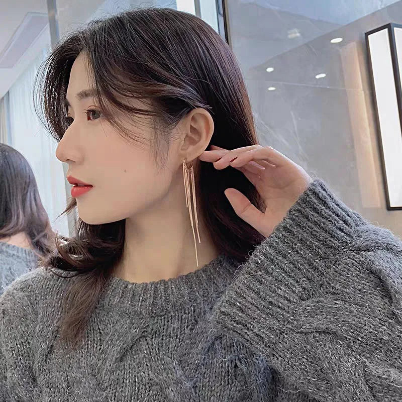 925 Silver Needle Korean Fashion Long Chain Tassel Earrings For Women Metal Earing Jewelry 2025 Trending Women's Drop Earrings--ANDROMEDA QUINNS | AURELLE'S-ANDROMEDA QUINNS | AURELLE'S