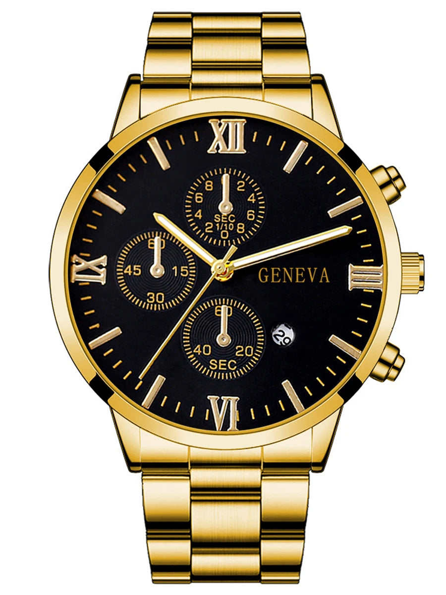 4pcs gold alloy Roman with calendar men's quartz watch and cross necklace bracelet ring set selected gift--ANDROMEDA QUINNS | AURELLE'S-ANDROMEDA QUINNS | AURELLE'S