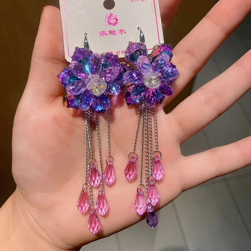 2025 New Colorful Purple Crystal Flower Dangle Drop Earrings for Women Trend Korea Fashion Luxury Wedding Party Banquet Jewelry--ANDROMEDA QUINNS | AURELLE'S-ANDROMEDA QUINNS | AURELLE'S