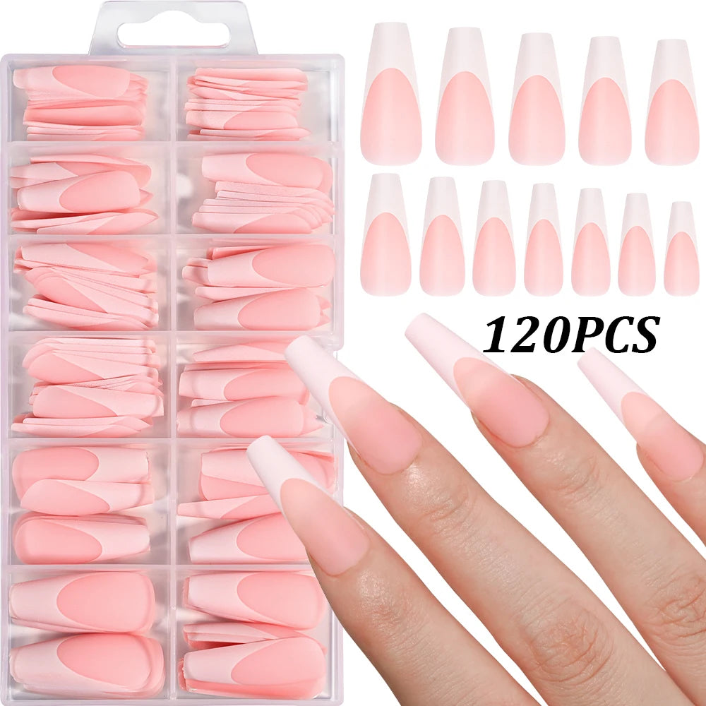 120Pcs/box Matte Pink French Press On Nails Acrylic Long Square Fake Nails Tips Full Cover Women Extension Wearable False Nails---ANDROMEDA QUINNS | AURELLE'S-ANDROMEDA QUINNS | AURELLE'S