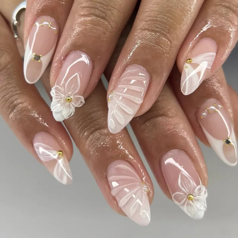 24pcs White Flower Fake Nail Tips Ins Yellow Pink Blush False Nails Wearable Full Cover European Almond Shaped Press on Nails--ANDROMEDA QUINNS | AURELLE'S-ANDROMEDA QUINNS | AURELLE'S