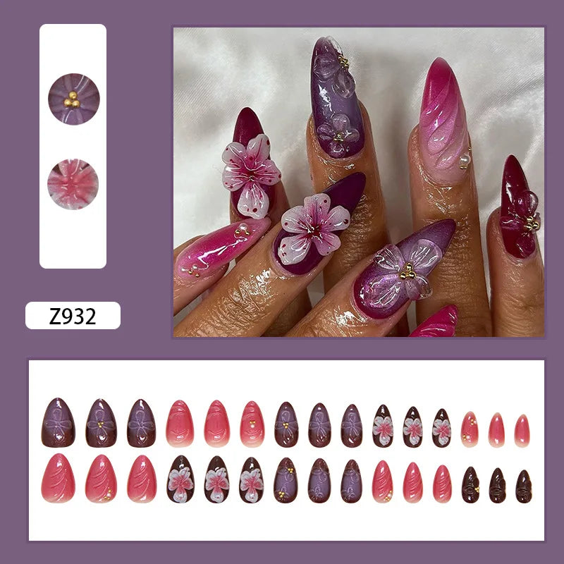 24pcs White Flower Fake Nail Tips Ins Yellow Pink Blush False Nails Wearable Full Cover European Almond Shaped Press on Nails--ANDROMEDA QUINNS | AURELLE'S-ANDROMEDA QUINNS | AURELLE'S