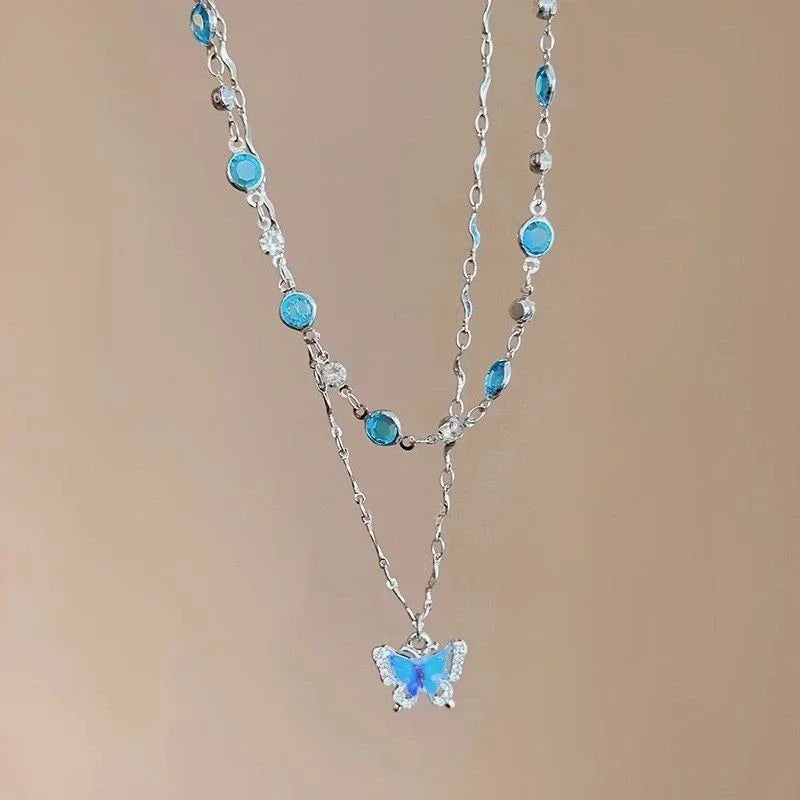 LATS Romantic Blue Crystal Butterfly Necklace for Women Girls Simple Shiny Zircon Bilayer Choker Clavicle Chain New Fine Jewelry--ANDROMEDA QUINNS | AURELLE'S-ANDROMEDA QUINNS | AURELLE'S