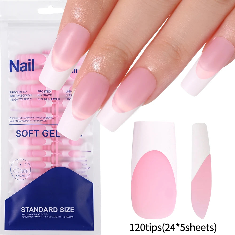 120pcs Pink French Tip Press-On Nails Medium Length Square Shape With Glossy Finish False Nails Full Cover Pre-Shaped Fake Nails--ANDROMEDA QUINNS | AURELLE'S-ANDROMEDA QUINNS | AURELLE'S