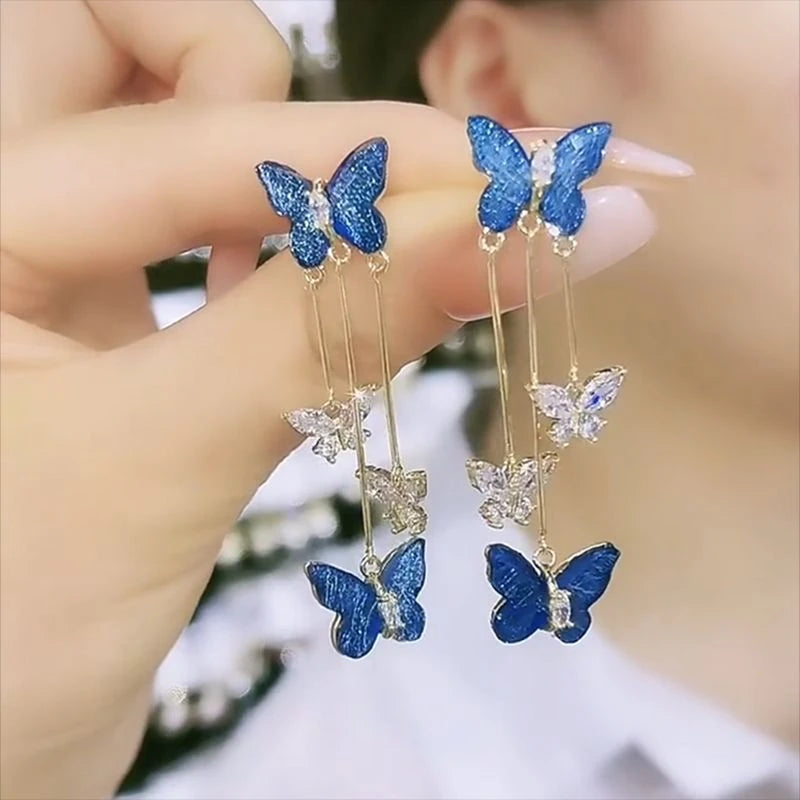925 Silver Needle Blue Purple Butterfly Long Tassel Earrings For Women Jewelry 2025 Trending New Korean Crystal Drop Earrings--ANDROMEDA QUINNS | AURELLE'S-ANDROMEDA QUINNS | AURELLE'S