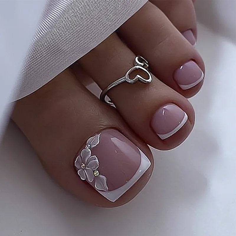 New French False Toe Nails with Heart Rhinestone Design White Edge Summer Press on Toenails Fashion Manicure Fake Toenail Patch--ANDROMEDA QUINNS | AURELLE'S-ANDROMEDA QUINNS | AURELLE'S
