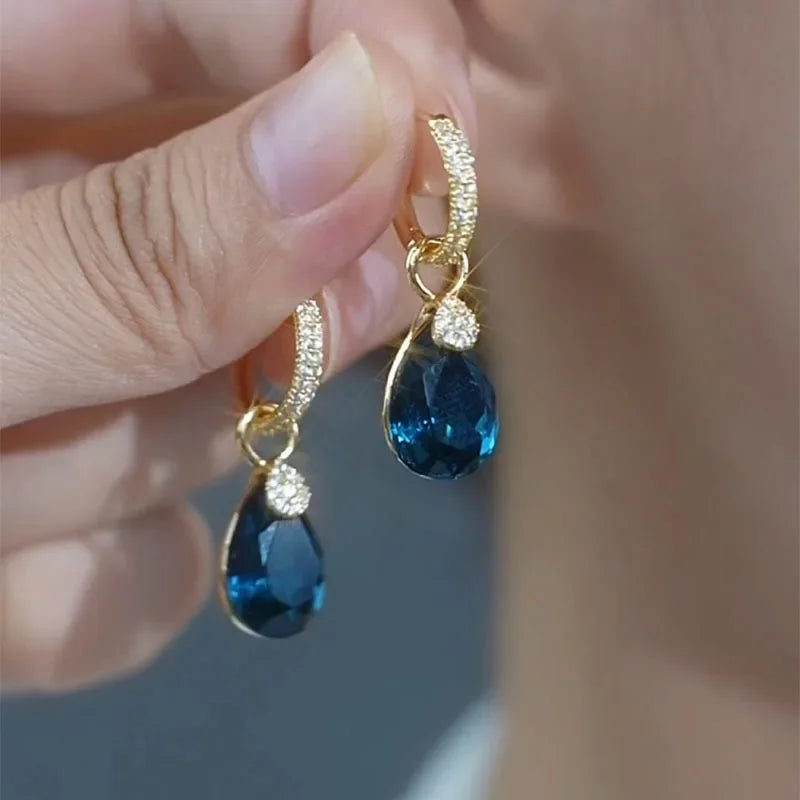 Exquisite Blue Drop-shaped Crystal Pendant Earrings For Women Fashion Personalized Daily Accessories Party Jewelry Birthday Gift--ANDROMEDA QUINNS | AURELLE'S-ANDROMEDA QUINNS | AURELLE'S