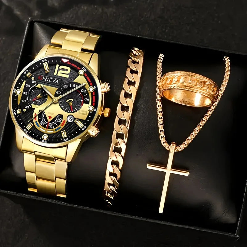 4pcs Luxury Men Business Quartz Watch Gold Alloy Roman with Calendar Wrist Watch Cross Necklace Bracelet Ring Set Men's Gift--ANDROMEDA QUINNS | AURELLE'S-ANDROMEDA QUINNS | AURELLE'S