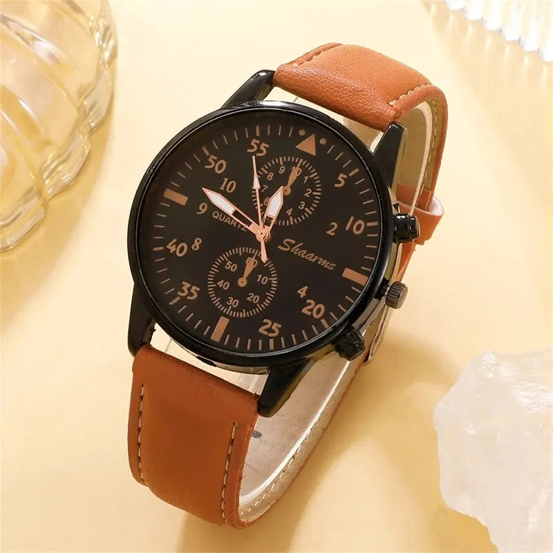 New Men Watch Luxury Bracelet Set Fashion Business Brown Leather Quartz Wrist Watches for Men Gift Set Relogio Masculino--ANDROMEDA QUINNS | AURELLE'S-ANDROMEDA QUINNS | AURELLE'S