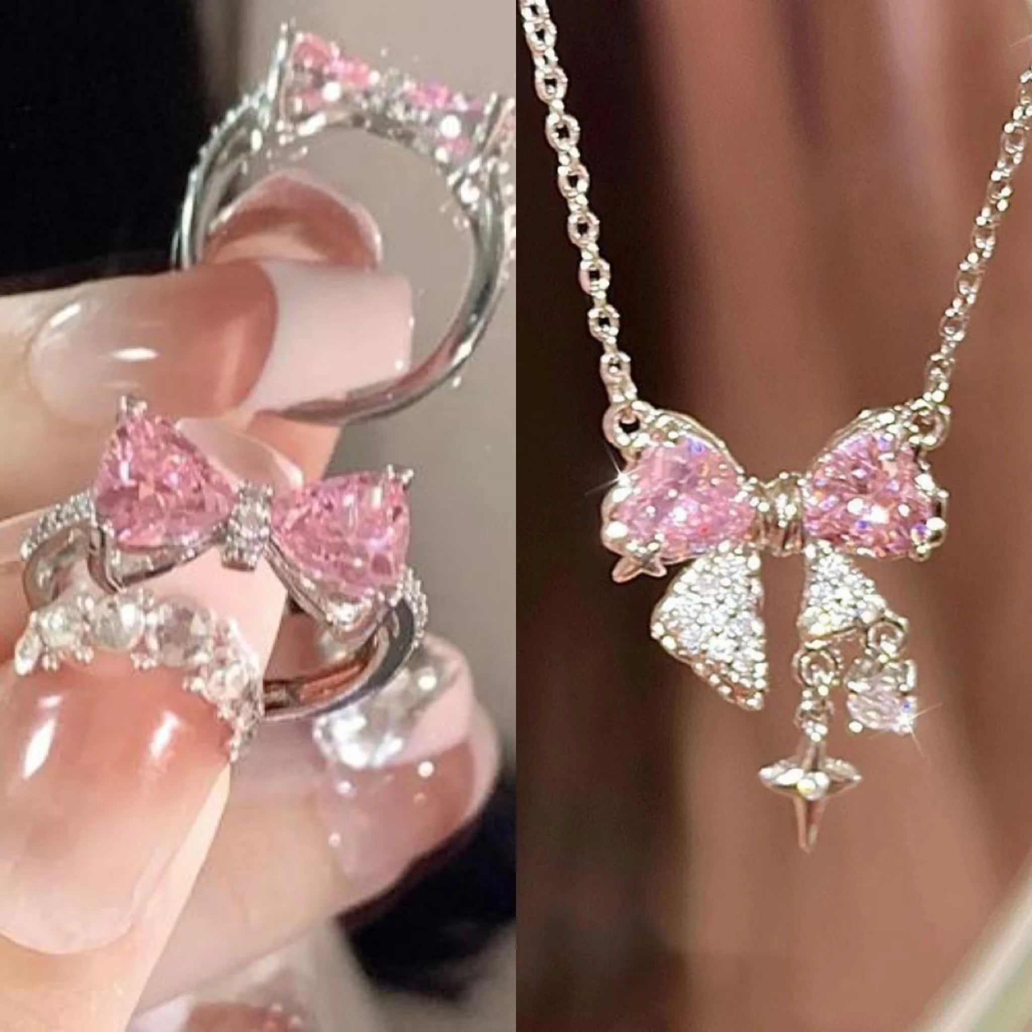 2pcs Set Fashion Bowknot Necklace Rings Set Crystal Bow Knot Pendant Necklaces Adjustable Bow Rings Fairy Shiny Pink Jewelry--ANDROMEDA QUINNS | AURELLE'S-ANDROMEDA QUINNS | AURELLE'S