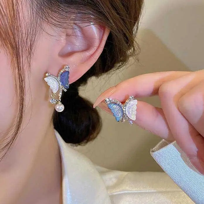 925 Silver Needle Blue Purple Butterfly Long Tassel Earrings For Women Jewelry 2025 Trending New Korean Crystal Drop Earrings--ANDROMEDA QUINNS | AURELLE'S-ANDROMEDA QUINNS | AURELLE'S