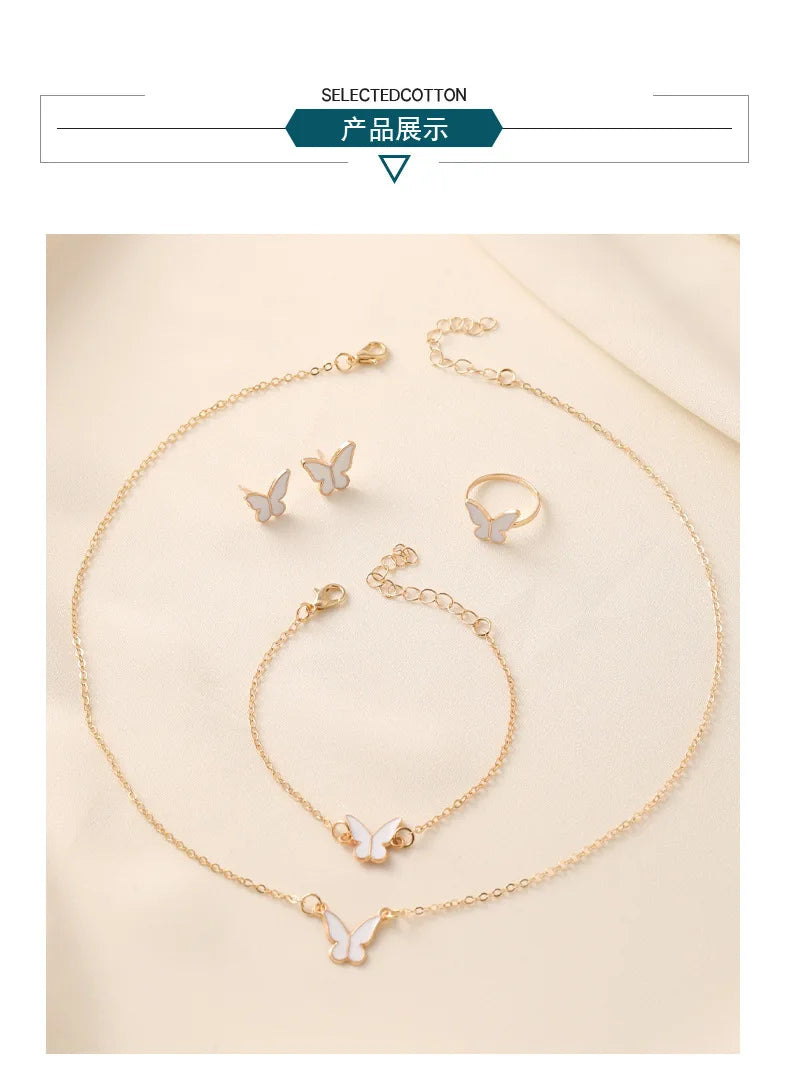 4pcs/Set Sweet Jewelry Set Butterfly Pendant Imitation Pearl Necklace for Women Pearl Earrings Girl Jewellery Women Gift--ANDROMEDA QUINNS | AURELLE'S-ANDROMEDA QUINNS | AURELLE'S