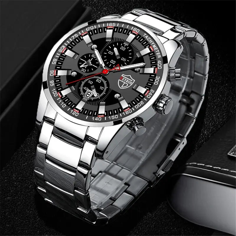 3PCS DEYROS Fashion Mens Calendar Watches Luxury Male Stainless Steel Quartz Wristwatch Men Bracelet Necklace Wrist Watch--ANDROMEDA QUINNS | AURELLE'S-ANDROMEDA QUINNS | AURELLE'S