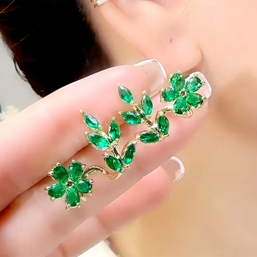 925 Silver Needle Green Flower Earrings For Women Korean Fashion Jewelry 2025 Trending Luxury Zircon Leaf Women's Stud Earrings--ANDROMEDA QUINNS | AURELLE'S-ANDROMEDA QUINNS | AURELLE'S