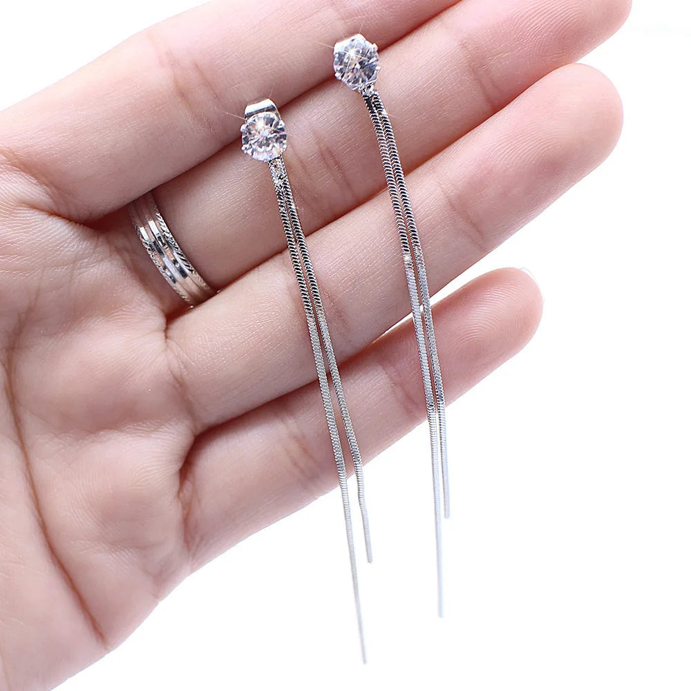 Drop Zircon Long Tassel Earrings Female Rhinestone Wedding Pendant Earrings Party Jewelry Silver Color Fashion Ear Accessories--ANDROMEDA QUINNS | AURELLE'S-ANDROMEDA QUINNS | AURELLE'S