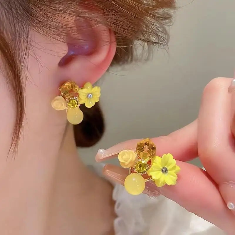 925 Silver Needle Green Flower Earrings For Women Korean Fashion Jewelry 2025 Trending Luxury Zircon Leaf Women's Stud Earrings--ANDROMEDA QUINNS | AURELLE'S-ANDROMEDA QUINNS | AURELLE'S