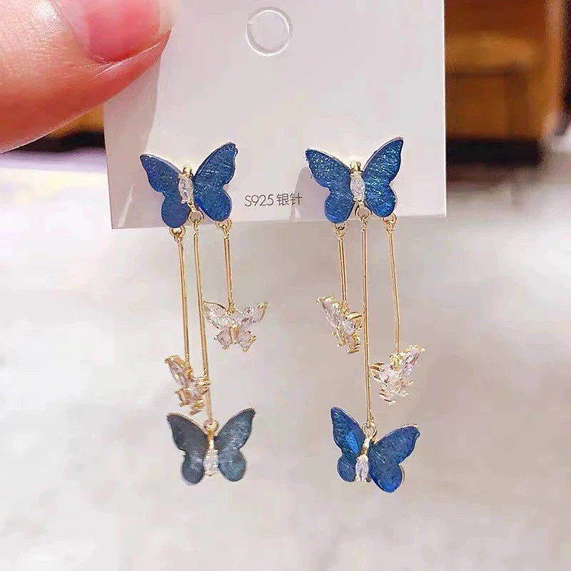 925 Silver Needle Blue Purple Butterfly Long Tassel Earrings For Women Jewelry 2025 Trending New Korean Crystal Drop Earrings--ANDROMEDA QUINNS | AURELLE'S-ANDROMEDA QUINNS | AURELLE'S