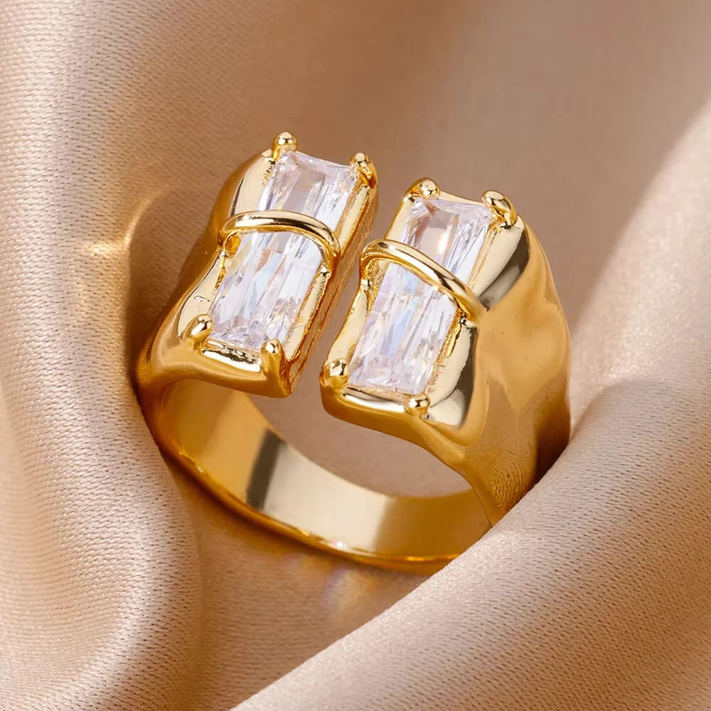 Gold Plated Stainless Steel Crystal Rings For Women Chain Geometry Zircon Finger Ring Jewelry Gift anillos mujer 2025 New Trendy--ANDROMEDA QUINNS | AURELLE'S-ANDROMEDA QUINNS | AURELLE'S