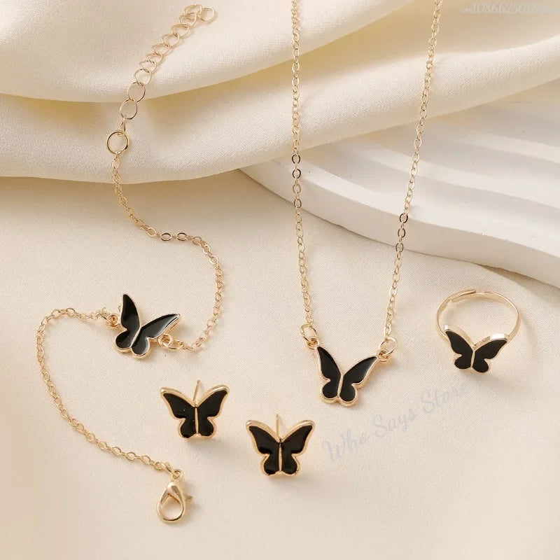 4pcs/Set Sweet Jewelry Set Butterfly Pendant Imitation Pearl Necklace for Women Pearl Earrings Girl Jewellery Women Gift--ANDROMEDA QUINNS | AURELLE'S-ANDROMEDA QUINNS | AURELLE'S