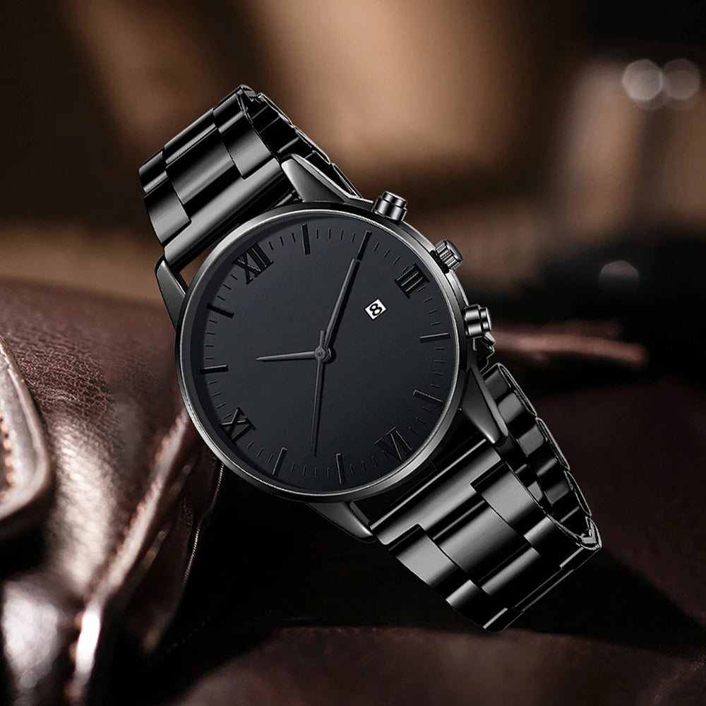 4PCS Men's Watch Set Business Versatile Simple Quartz Watch Bracelet Necklace Ring Set for Daily Clothing Matching--ANDROMEDA QUINNS | AURELLE'S-ANDROMEDA QUINNS | AURELLE'S