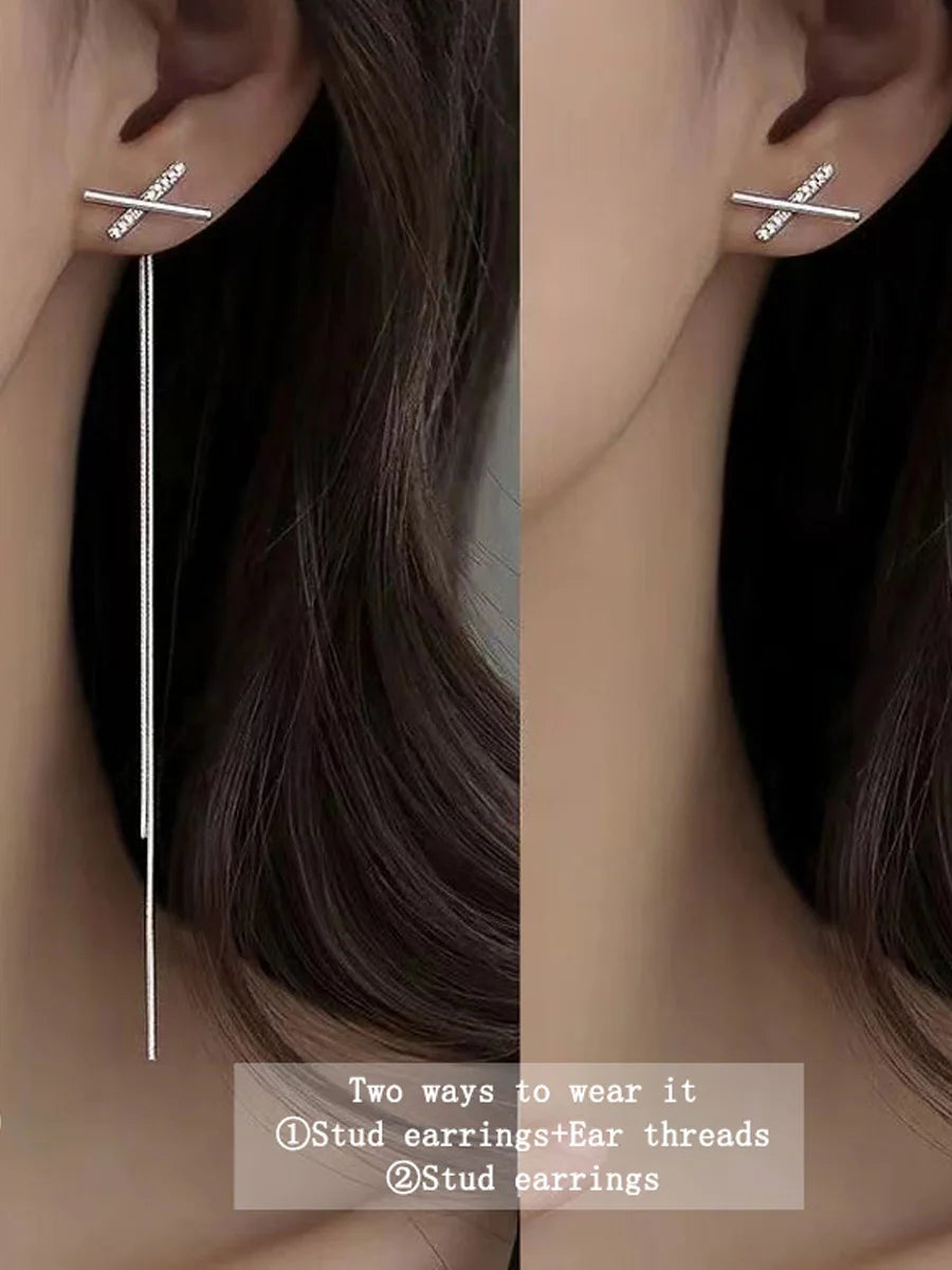 Drop Zircon Long Tassel Earrings Female Rhinestone Wedding Pendant Earrings Party Jewelry Silver Color Fashion Ear Accessories--ANDROMEDA QUINNS | AURELLE'S-ANDROMEDA QUINNS | AURELLE'S