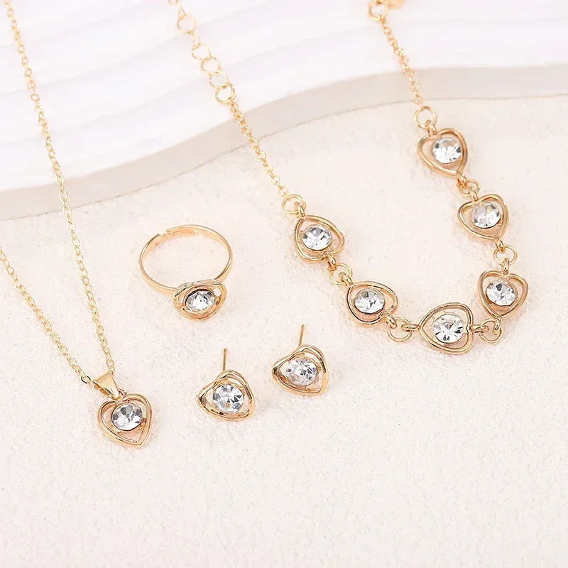 5PCS Set Gold-Color Heart Shaped Jewelry Sets Of Ring Earrings Necklace For Women Elegance Rhinestone Double Heart Jewelry--ANDROMEDA QUINNS | AURELLE'S-ANDROMEDA QUINNS | AURELLE'S