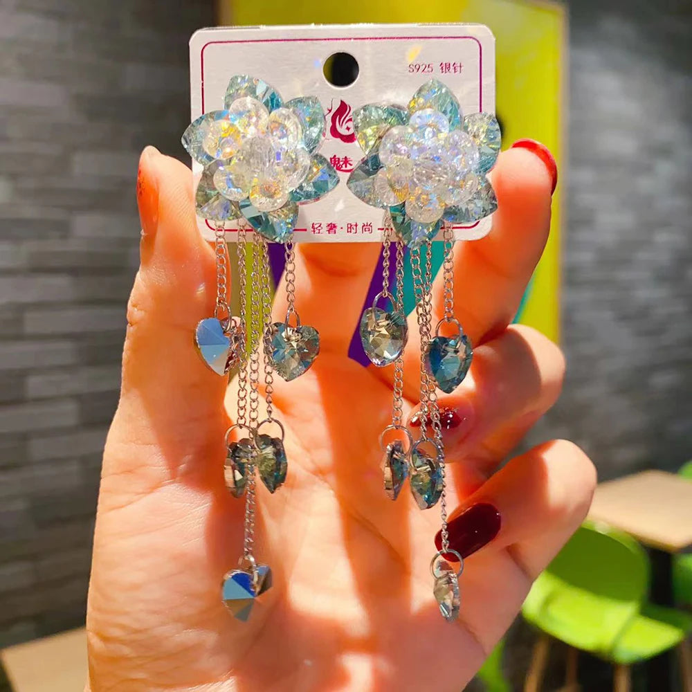 2025 New Colorful Purple Crystal Flower Dangle Drop Earrings for Women Trend Korea Fashion Luxury Wedding Party Banquet Jewelry--ANDROMEDA QUINNS | AURELLE'S-ANDROMEDA QUINNS | AURELLE'S